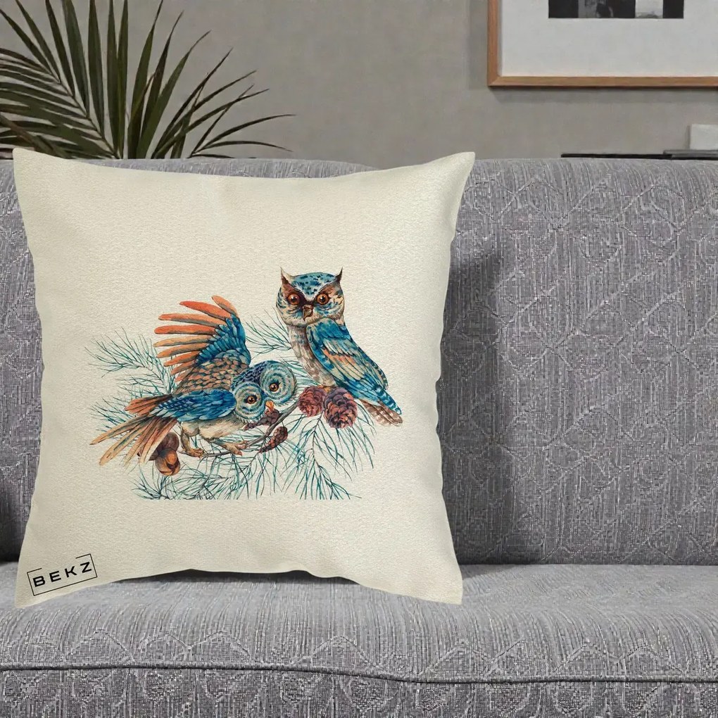 Perna Decorativa Bufnite de Iarna Albastre, 40x40 cm, Ecru, Husa Detasabila, Perna Inclusa, BEKZ®