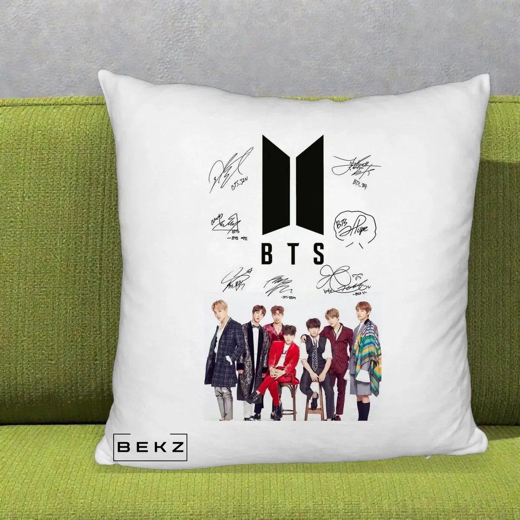 Perna Personalizata K-pop BTS Semnaturi Foto, 40x40 cm, Alb Pufos, Husa Detasabila, Perna Inclusa, BEKZ®