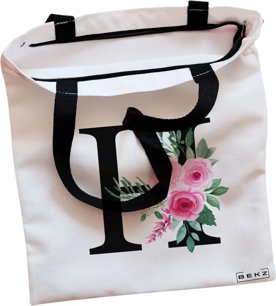 Sacosa de Panza pentru Cumparaturi, Geanta Tote, Cu litera H si Trandafiri, Cu fermoar, 38x34.5 cm, Alba, BEKZ®