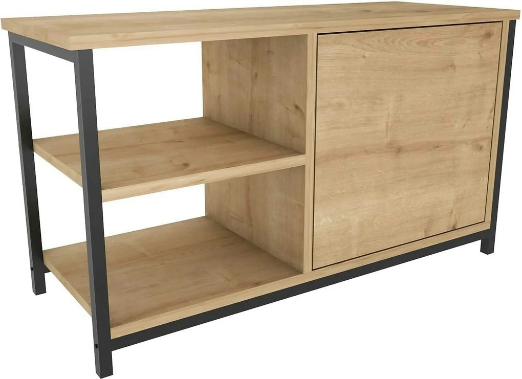 Comoda TV MUSKEGON, negru/stejar, PAL melaminat/metal, 90x35x51 cm