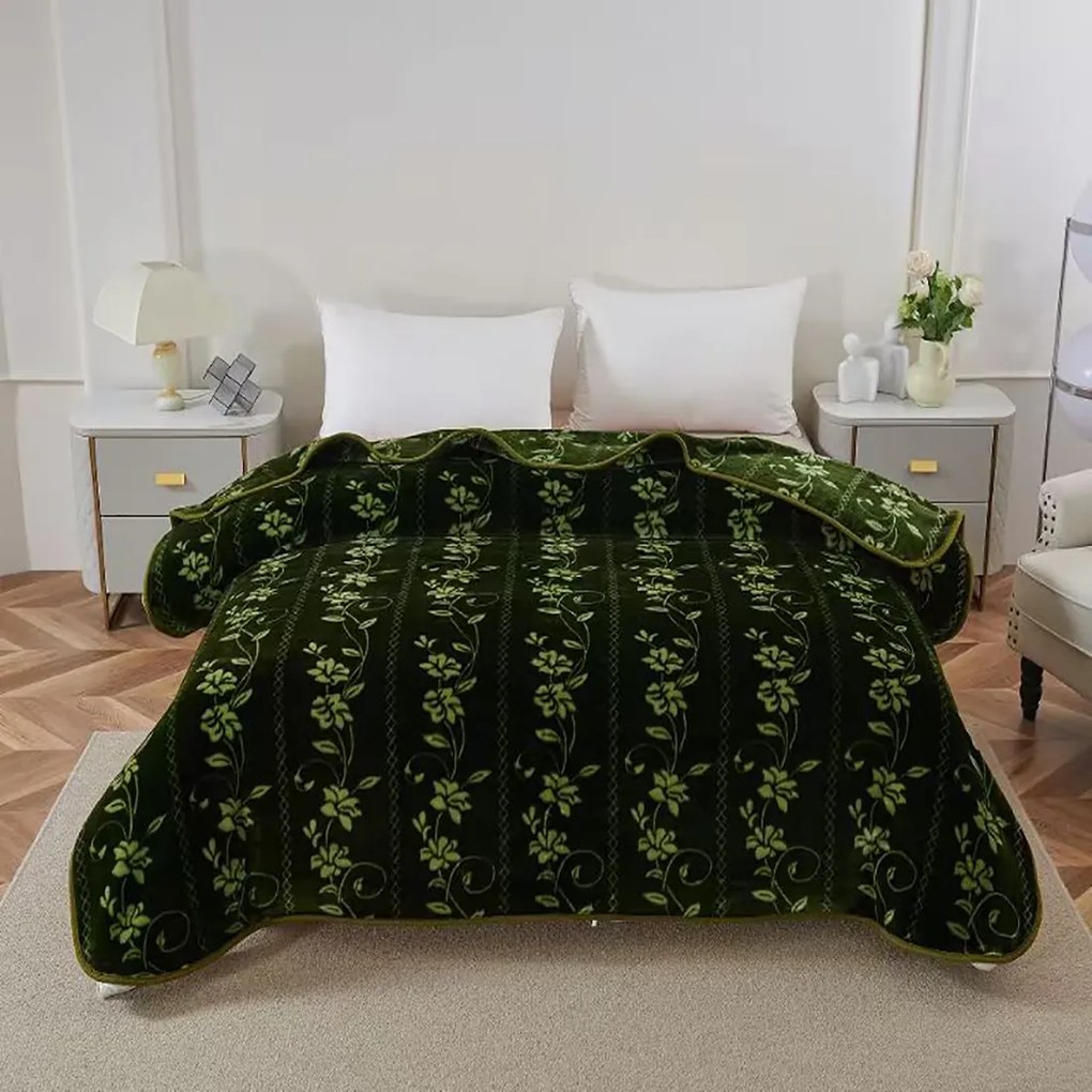 Pătură Cocolino dublă cu flori, verde închis, 200x230 cm, PDD15