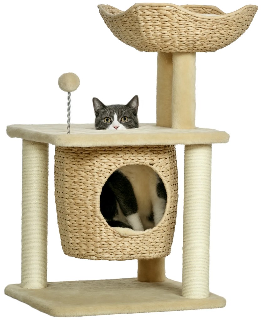 PawHut Arbore de pisici cu zgârdaioare din sisal natural, 1 cuib, coș, măciucă, plus jacinthe d'eau 45 x 40 x 74 cm bej | Aosom Romania