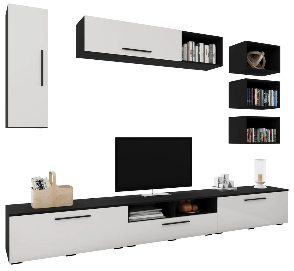 Living Kos V5, Negru/Alb Lucios, MDF, L 285 cm
