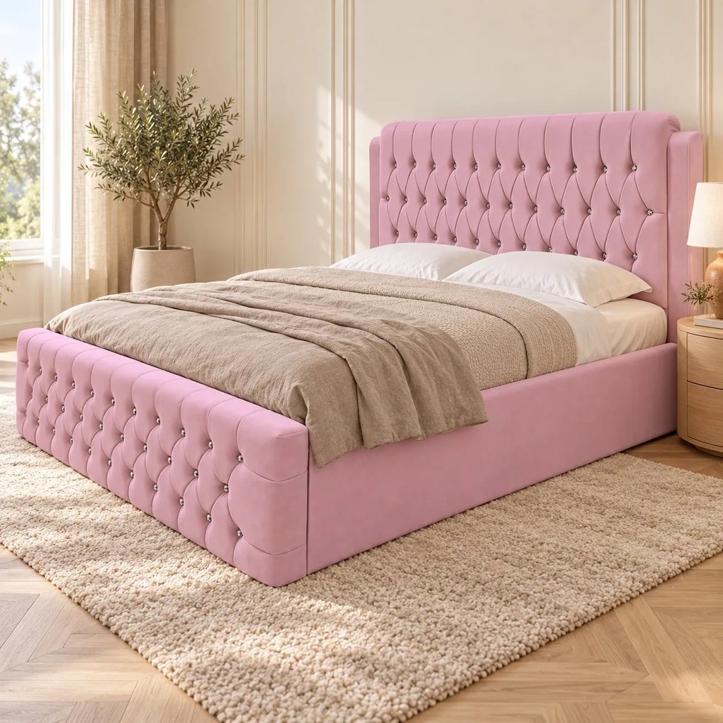 Pat tapițat Chesterfield din catifea Aveline Deluxe 160×200 cm, roz, cu ladă de depozitare