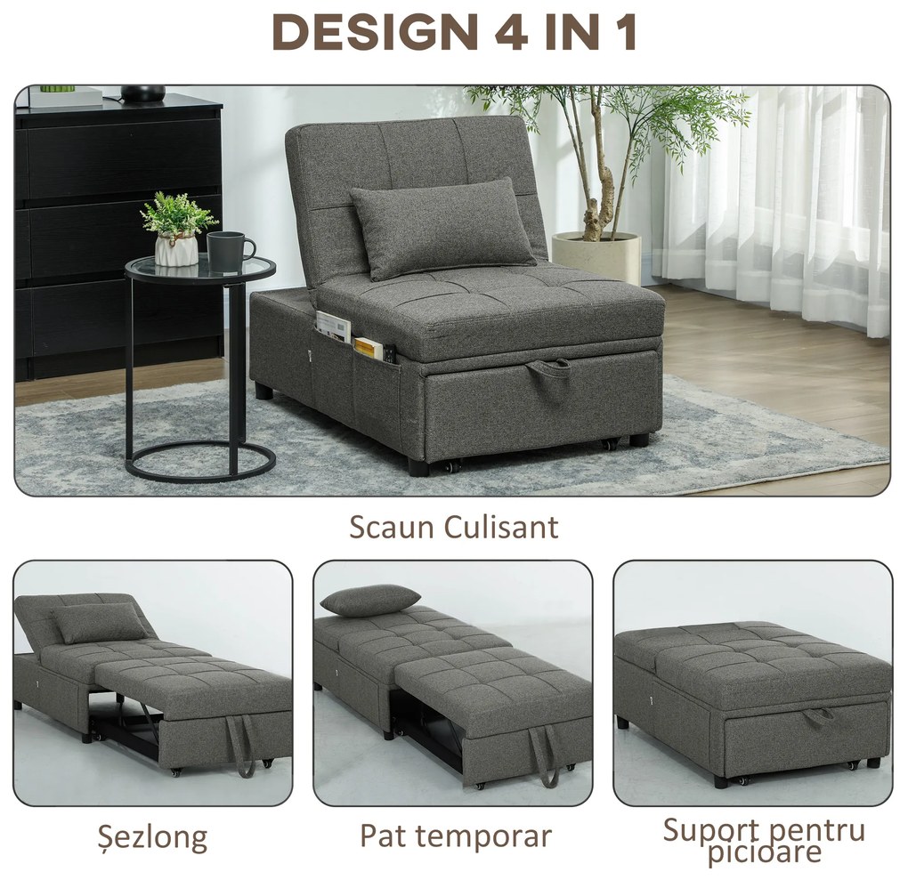HOMCOM Fotoliu-Pat Individual 4 în 1 Convertibil în Șezlong și Taburet, 72x104x81 cm, Gri Închis | Aosom Romania