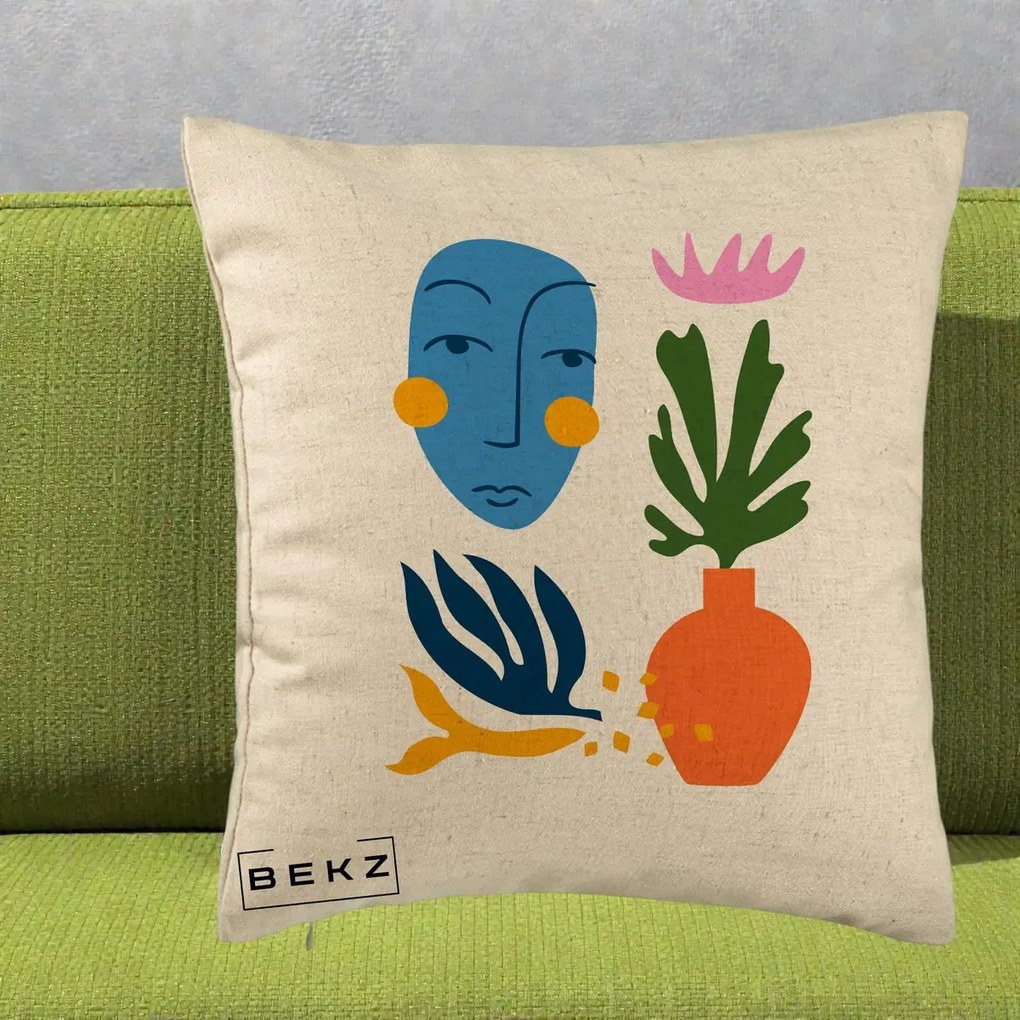 Perna Decorativa Masca Botanica Abstracta, 40x40 cm, Bej, Husa Detasabila, Perna Inclusa, BEKZ®