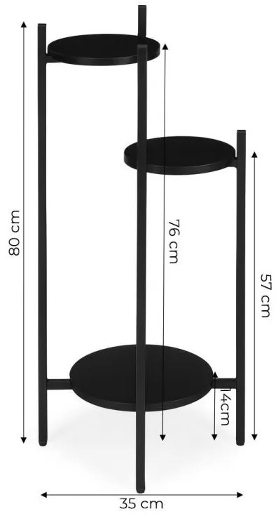 Suport pentru flori Loft - raft cu 3 etaje cu rafturi negre rotunde
