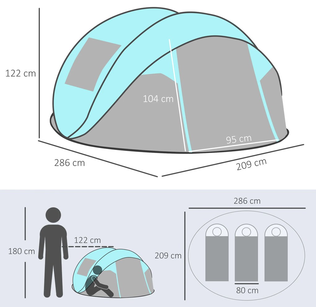 Outsunny Cort Camping 4 Persoane, Cort Automat Pop-up Iglu, 286x209x122 cm, Albastru deschis | Aosom Romania