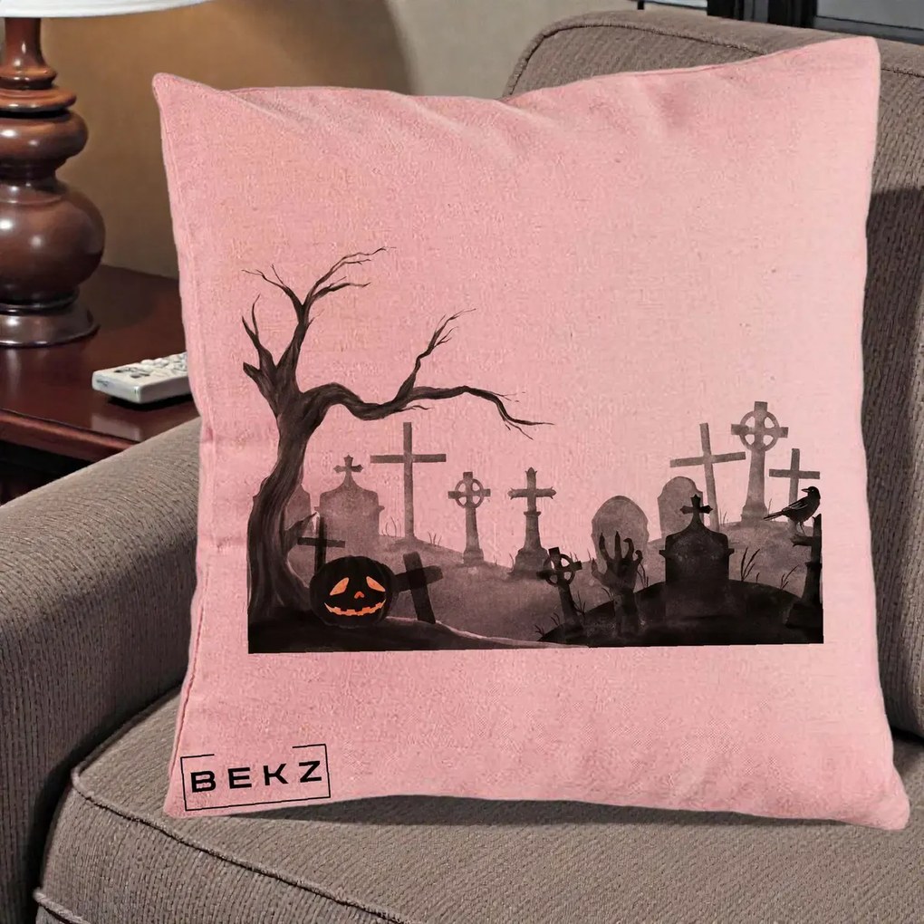 Perna Decorativa Halloween Cimitir Acuarela cu Dovleac, 40x40 cm, Roz, Husa Detasabila, Perna Inclusa, BEKZ®