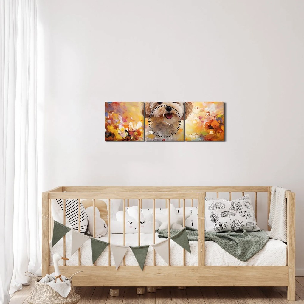 Tablou - Câine fericit (cu ceas) (90x30 cm)