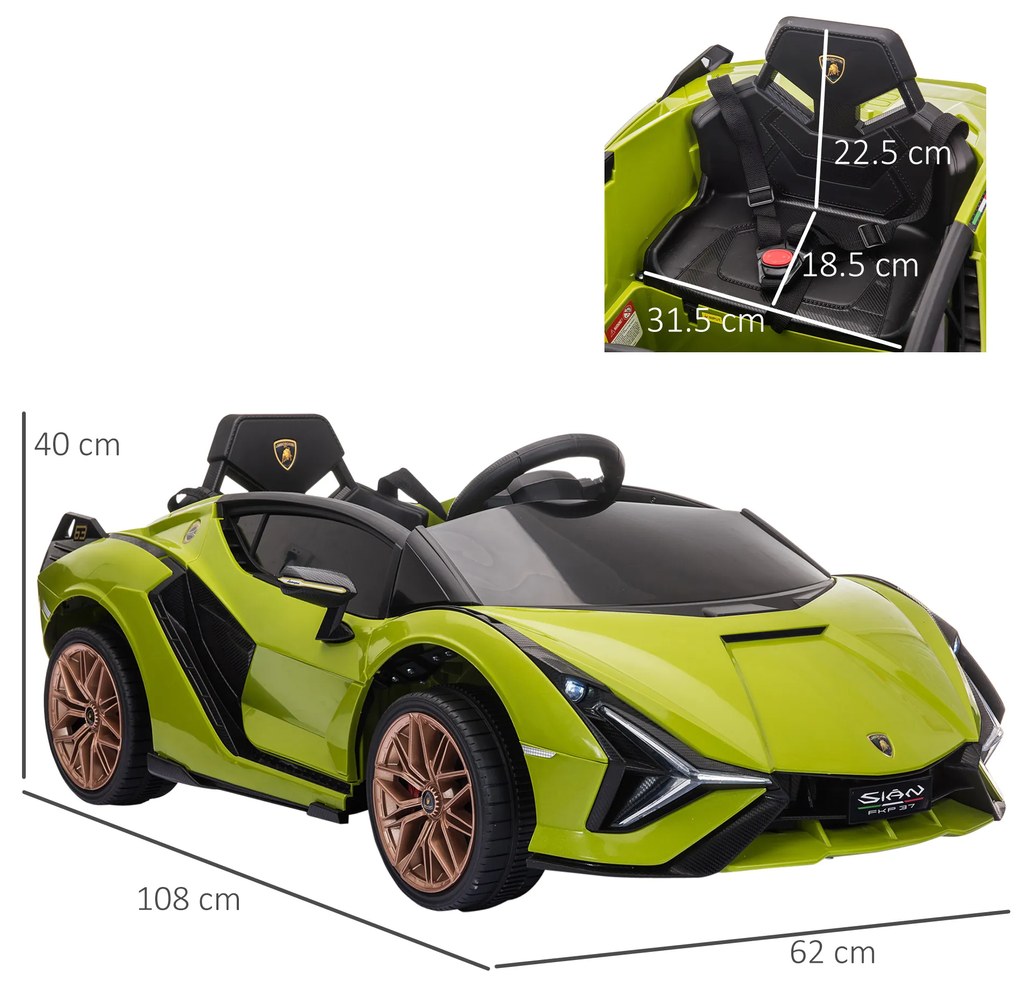 Masina electrica pentru copii 12V Lamborghini, telecomanda, viteza 3-8 km/h, 108x62x40cm, Verde HOMCOM | Aosom Romania