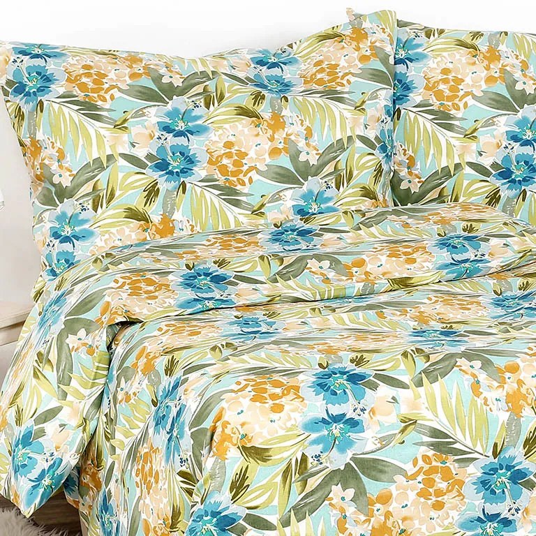 Goldea lenjerie de pat exclusivă din in - flori albastre hawaii 140 x 200 și 70 x 90 cm
