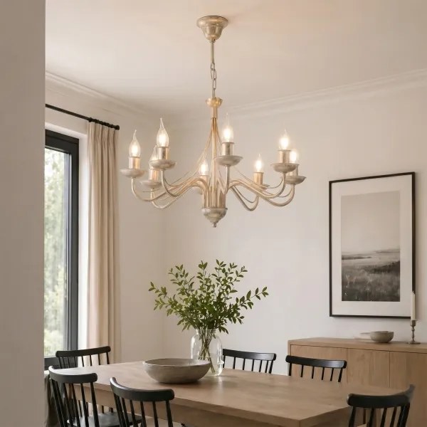 Candelabru suspendat pe lanț ANTON 8xE14/60W/230V, finisaj alb patinat