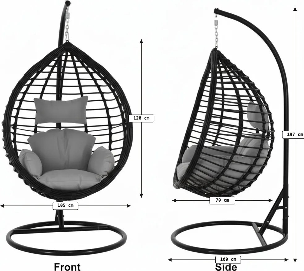Scaun suspendat TARINO cu suport, negru/perna gri