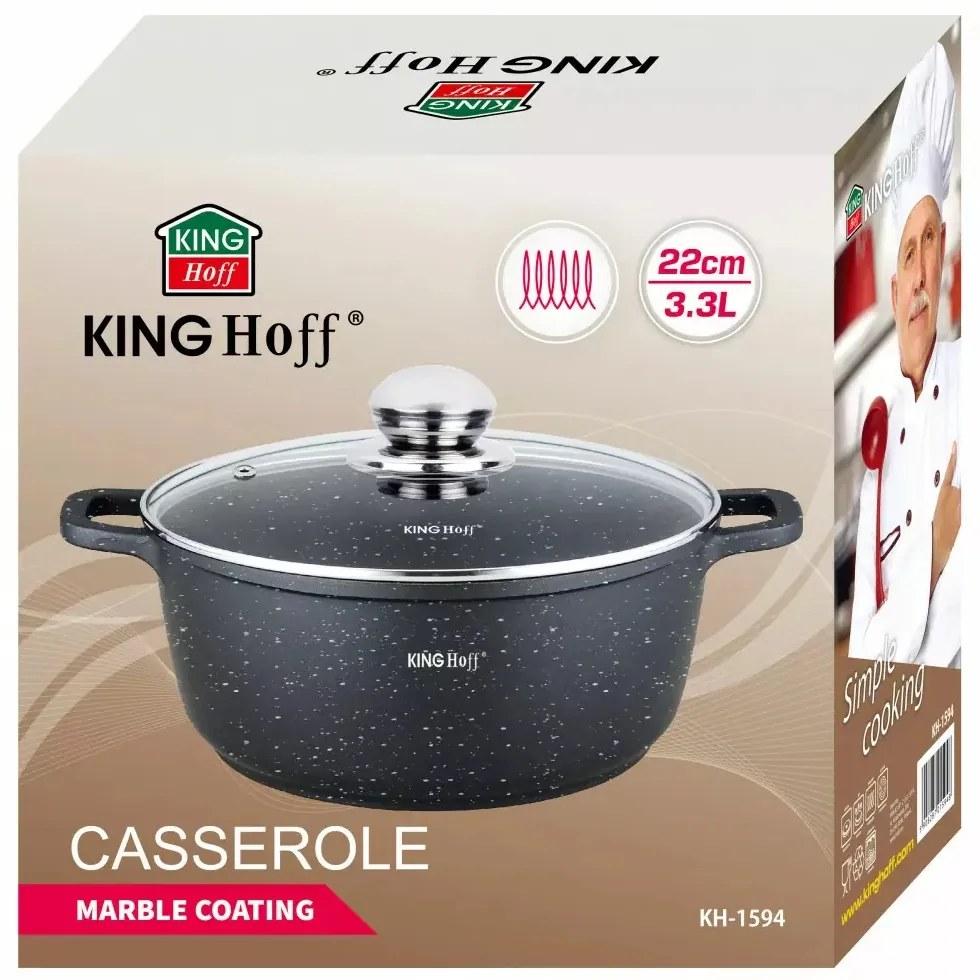 Oală cu capac 22 cm, 3.3L – Kinghoff KH 1594, strat antiaderent marmură, neagră, pentru supe și tocănițe