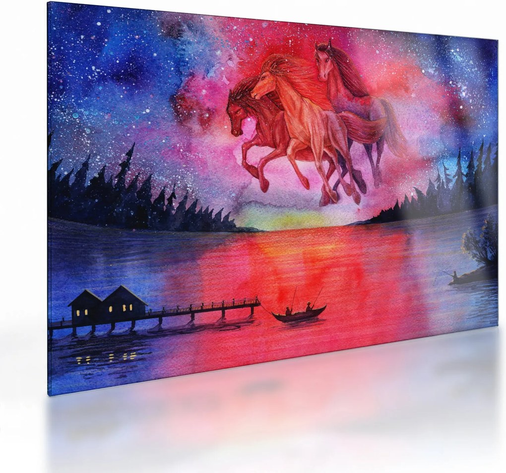 Tablou pe sticlă - Apariția cailor spațiali peste lac, acuarelă (70x50 cm)