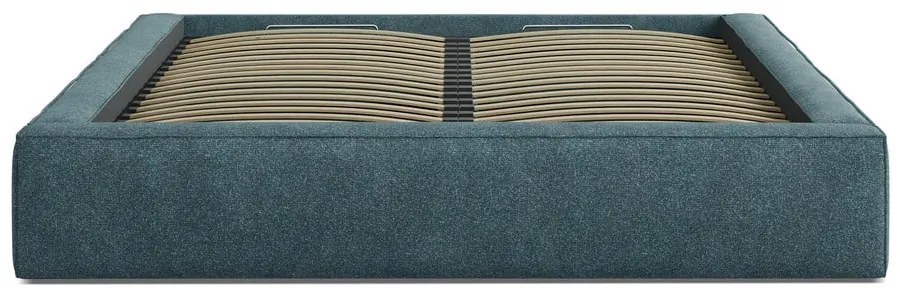 Pat matrimonial albastru tapițat cu spațiu de depozitare cu somieră 160x200 cm Simon – Micadoni