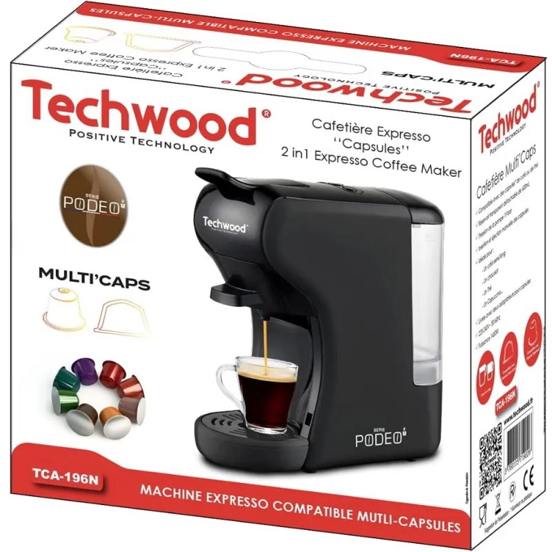 Aparat de cafea pentru 2 tipuri de capsule Techwood TCA-196N, Dolce Gusto si Nespresso, 1450W, 19 bar, Negru