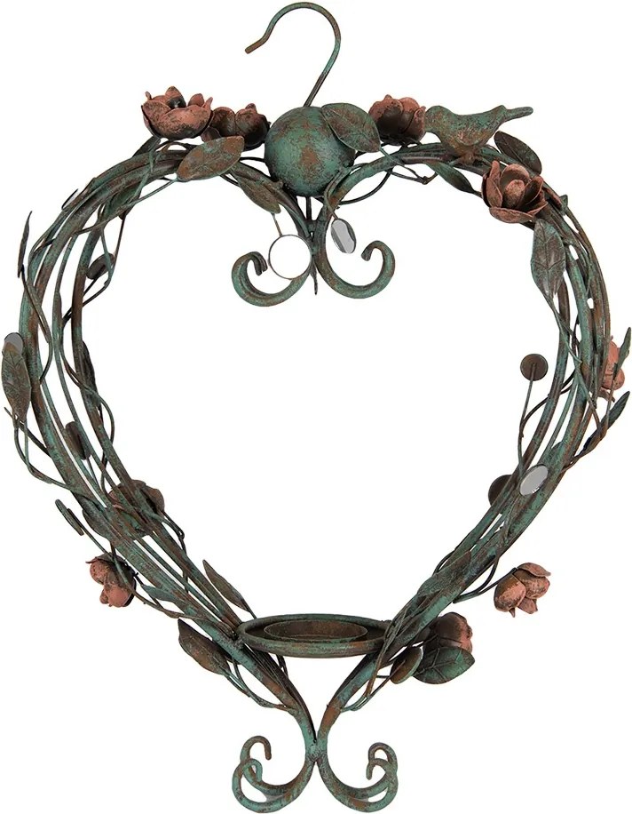 Suport lumanare, verde, din metal, cu agatatoare, in forma de inima, 43x22x60 cm, Heart