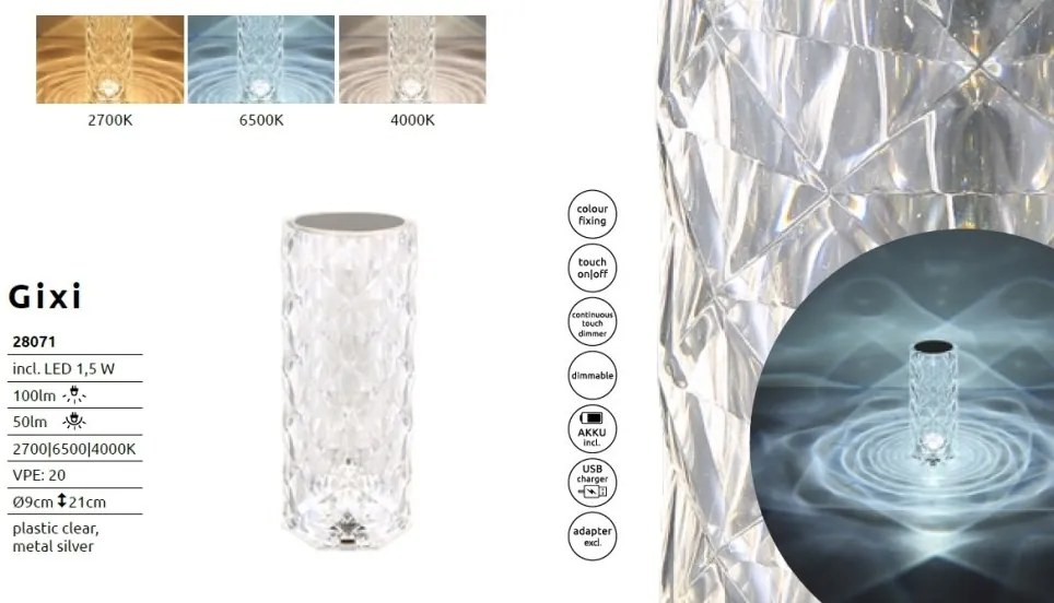 Lampa de masa cu baterii, plastic transparent cu efect de cristal Gixi alb 9cm