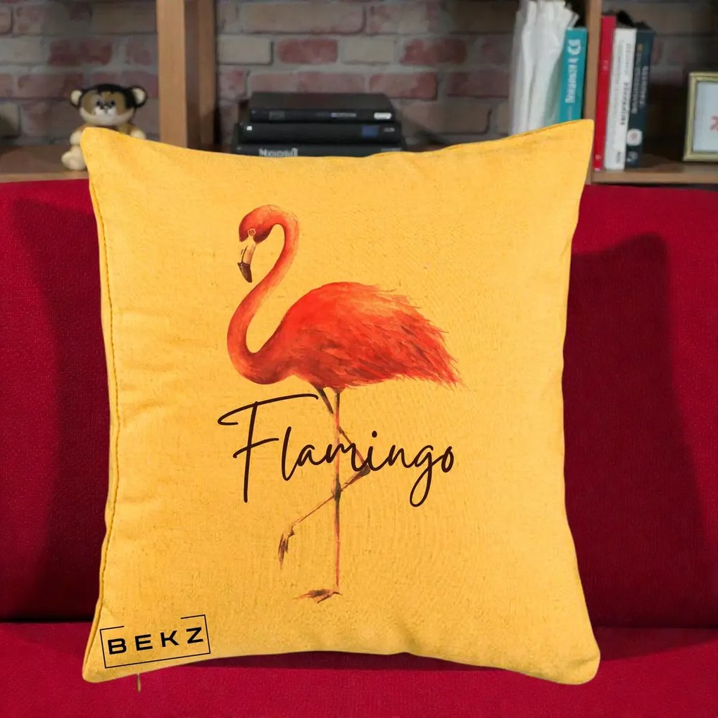 Perna Decorativa Flamingo Acuarela, 40x40 cm, Galben, Husa Detasabila, Perna Inclusa, BEKZ®