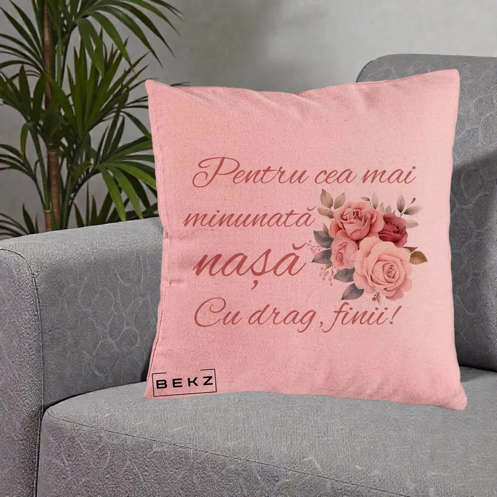 Cadou pentru Nasa - Perna Personalizata Pentru Cea mai Minunata Nasa Cu drag Finii, 40x40 cm, Roz, Husa Detasabila, Perna Inclusa, BEKZ®