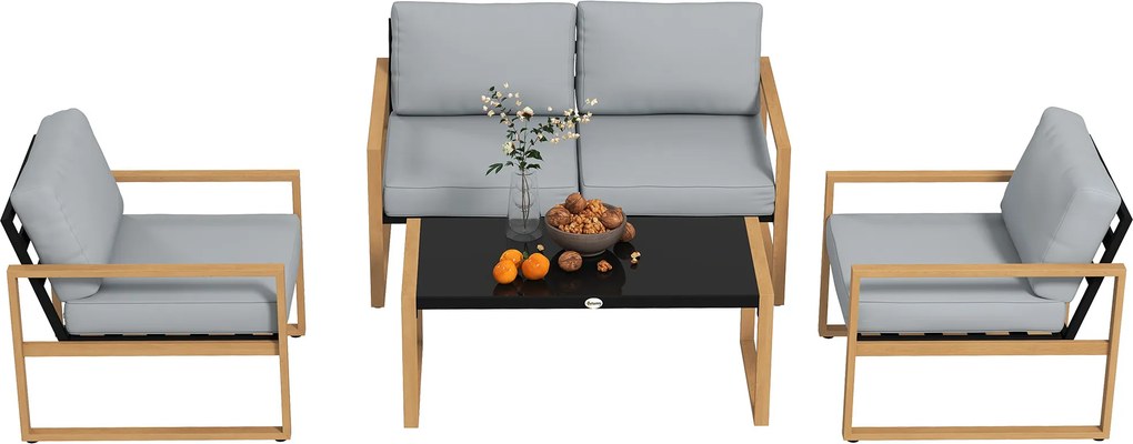 Outsunny Set Mobilier de Grădină din 4 Piese, cu Canapea de 2 Locuri, 2 Fotolii și Măsuță de Cafea, 123.5x75x73 cm, Gri | Aosom Romania