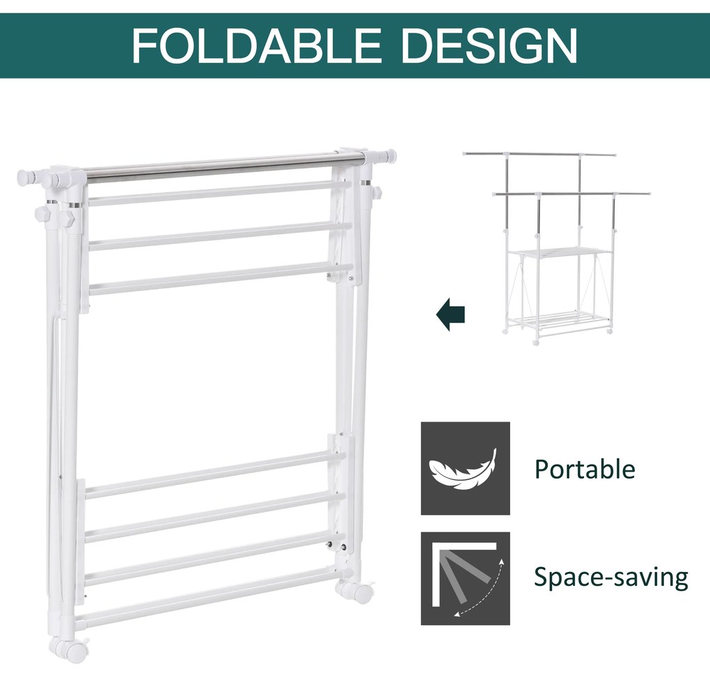 HOMCOM Suport pentru Îmbracaminte şi pentru Rufe Extensibil, 2 Paliere, Înaltime reglabila şi Roţi, 88-157x50x95-160cm, Alb