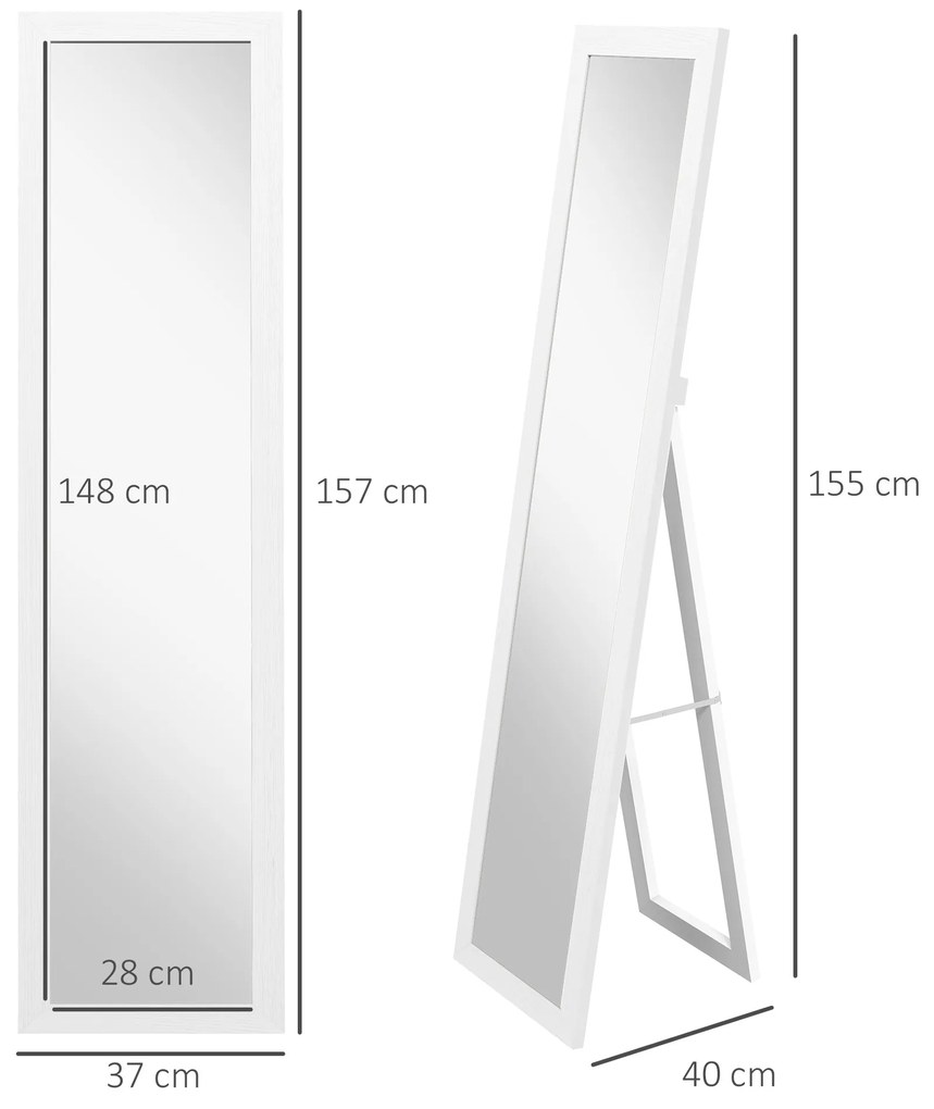 HOMCOM Oglindă cu Ramă din MDF, Picioare și Cârlige pentru Utilizare pe Podea sau pe Perete, 37x40x155 cm, Alb | Aosom Romania