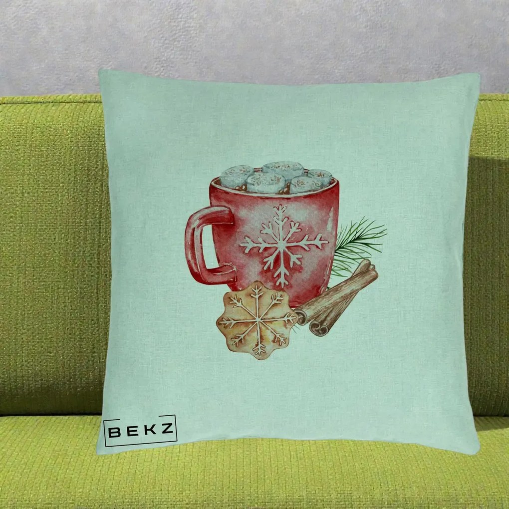 Perna Decorativa Cacao de Iarna cu Biscuit, 40x40 cm, Verde Menta, Husa Detasabila, Perna Inclusa, BEKZ®