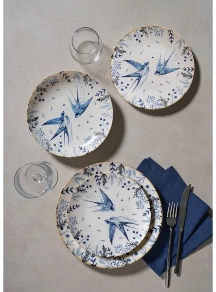 Set veselă 24 piese, porțelan, alb/albastru