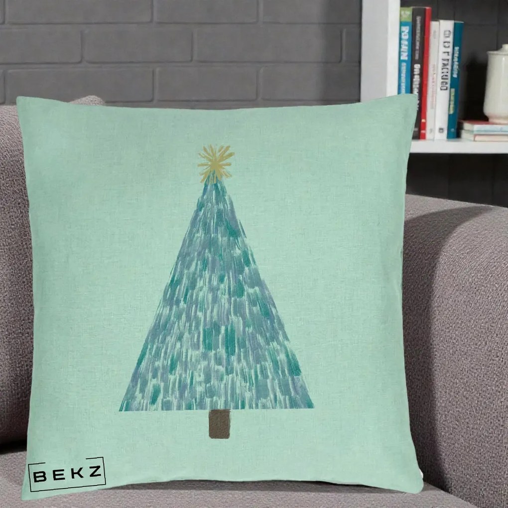 Perna Decorativa Brad de Craciun Acrilic Albastru, 40x40 cm, Verde Menta, Husa Detasabila, Perna Inclusa, BEKZ®