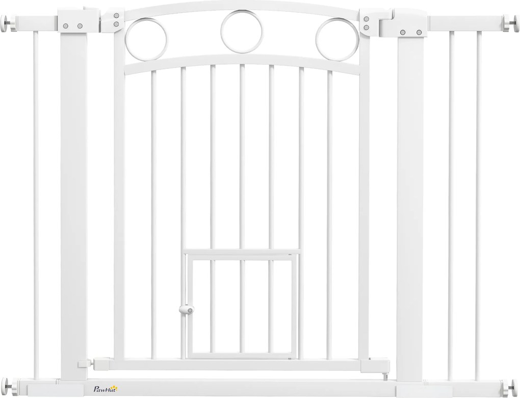 PawHut Barieră de Siguranță Interioară pentru Câini cu 2 Extensii și Ușă pentru Pisici, 76-104x77 cm, Alb | Aosom Romania