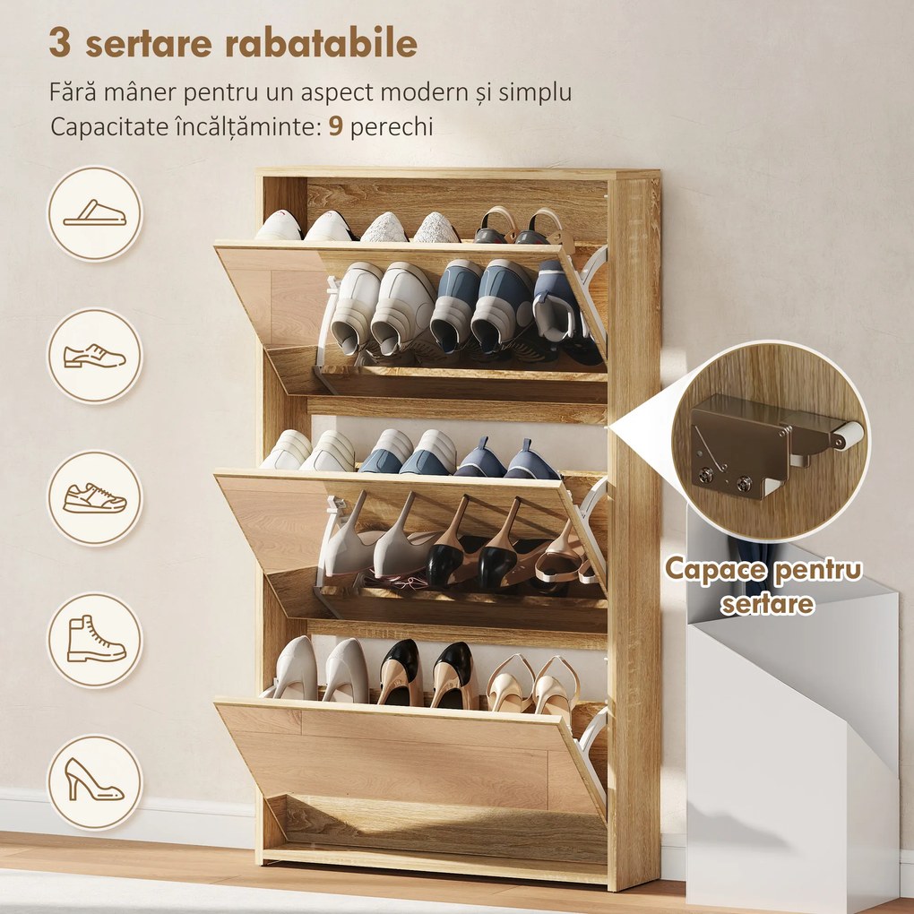 HOMCOM Dulap pentru Pantofi a Oglindă Con 3 Sertare a Rabatabil 65x17x114.5 cm Color Lemn | Aosom Romania