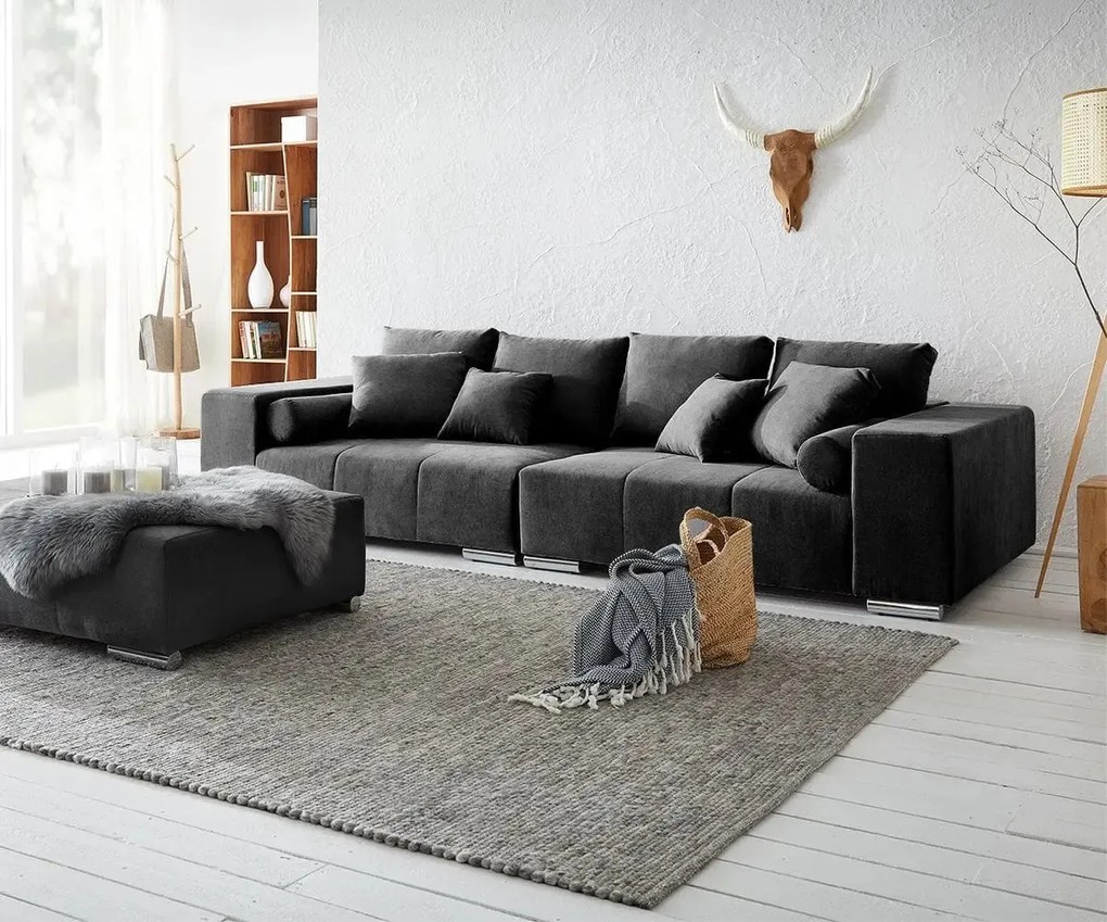 Canapea extensibilă dumonde cu ladă de depozitare si sezut confortabil din spuma high-density, Marbela Enjoy Black XXL 295x100 cm cu taburet inclus