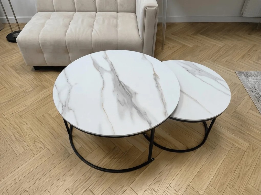 Set 2 mese de cafea rotunde MARBLEX, negru/marmura alba