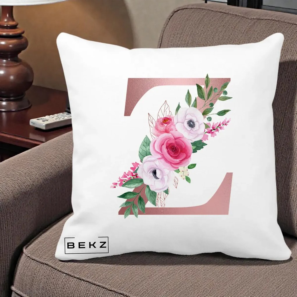 Cadou Personalizat - Perna Personalizata Monograma Rose Gold Litera Z, 40x40 cm, Alba Mata, Husa Detasabila, Perna Inclusa, BEKZ®