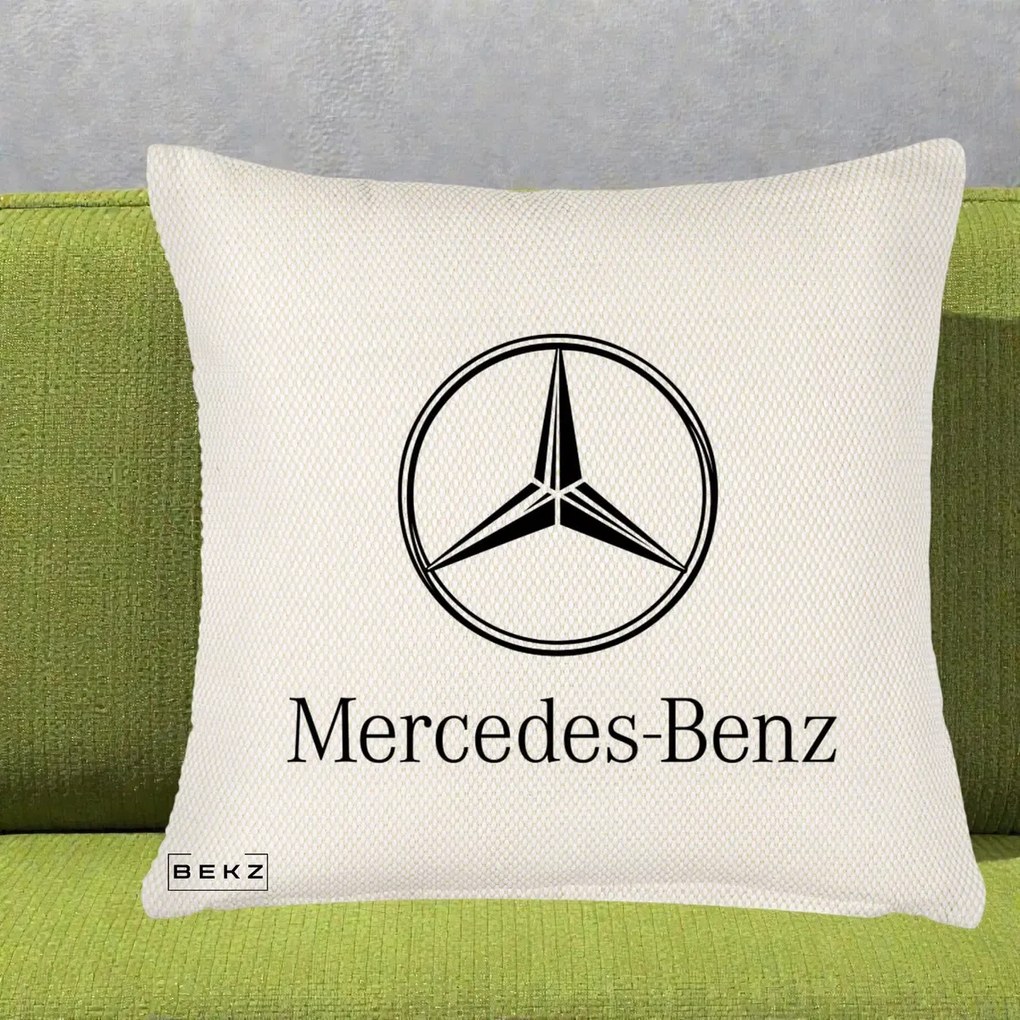 Perna Personalizata cu emblema Mercedes-Benz, 40x40 cm, Crem Reliefat, Husa Detasabila, Perna Inclusa, BEKZ®