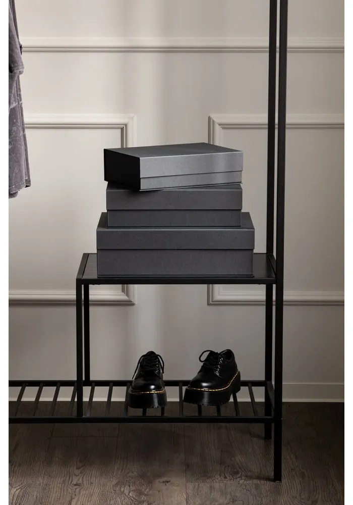 Cutii de depozitare gri-închis 3 buc. din carton cu capac, decorative 42,5x29,5x13 cm Kian Paper Laminate – Bigso