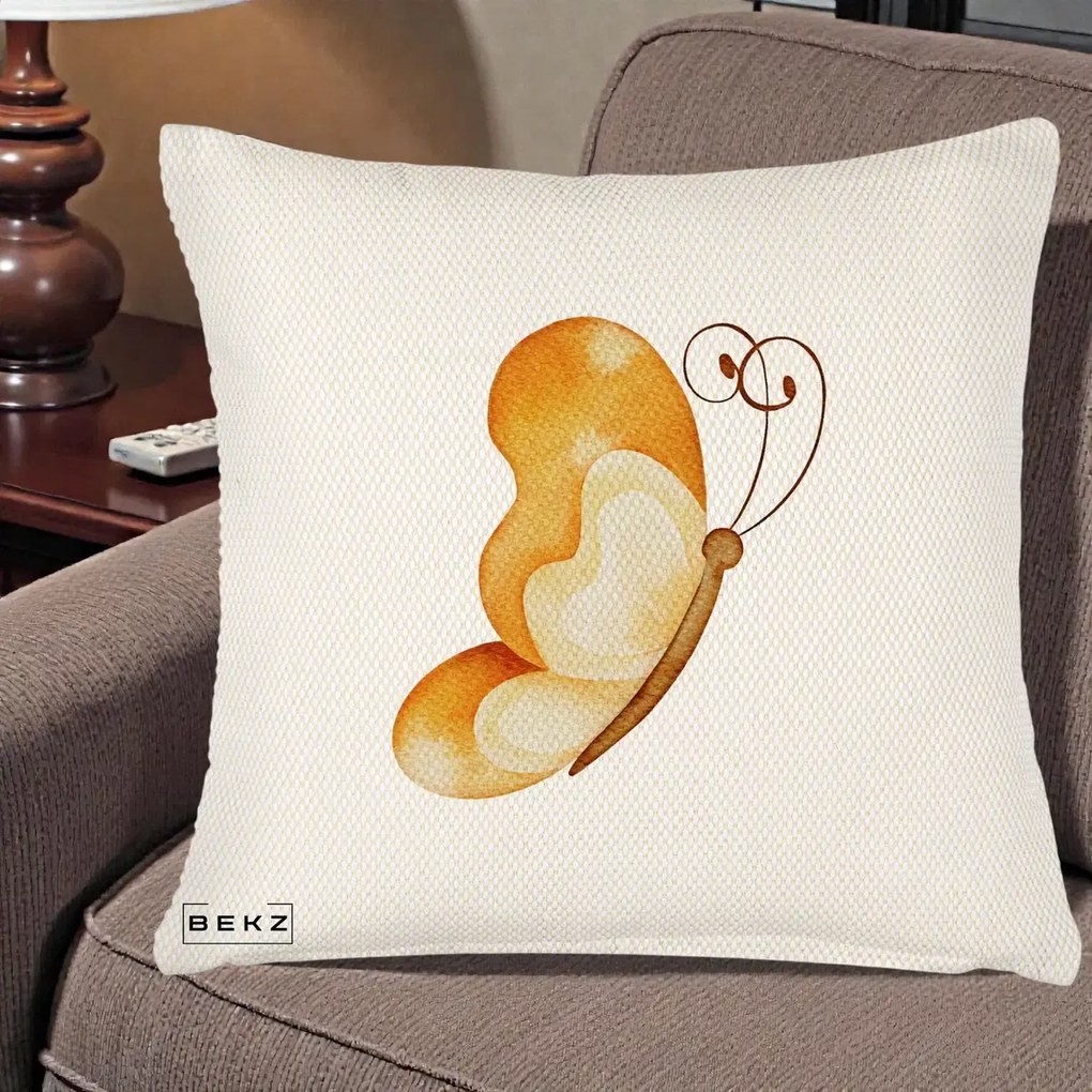 Perna Decorativa Fluture Acuarela Auriu, 40x40 cm, Crem Reliefat, Husa Detasabila, Perna Inclusa, BEKZ®
