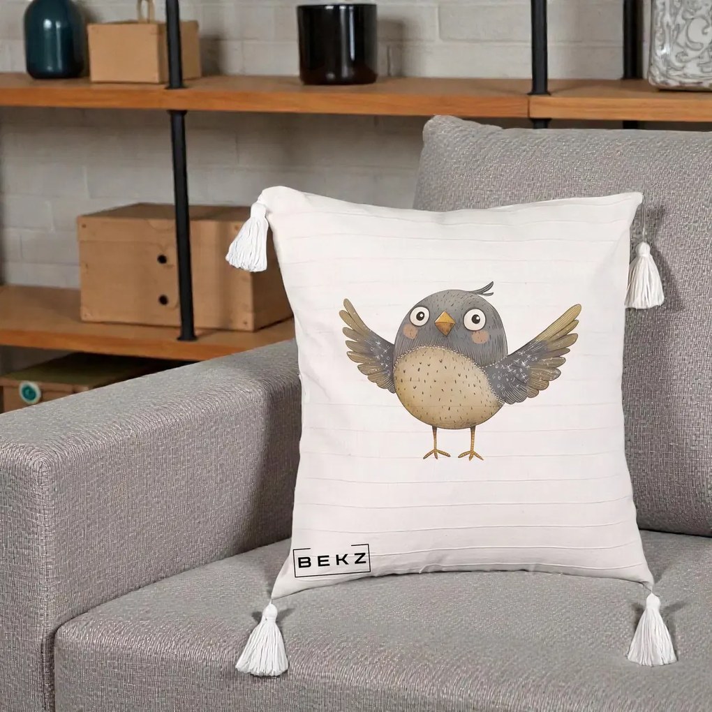 Perna Decorativa Pasare cu Aripi Intinse, 40x40 cm, Bej cu Franjuri, Husa Detasabila, Perna Inclusa, BEKZ®