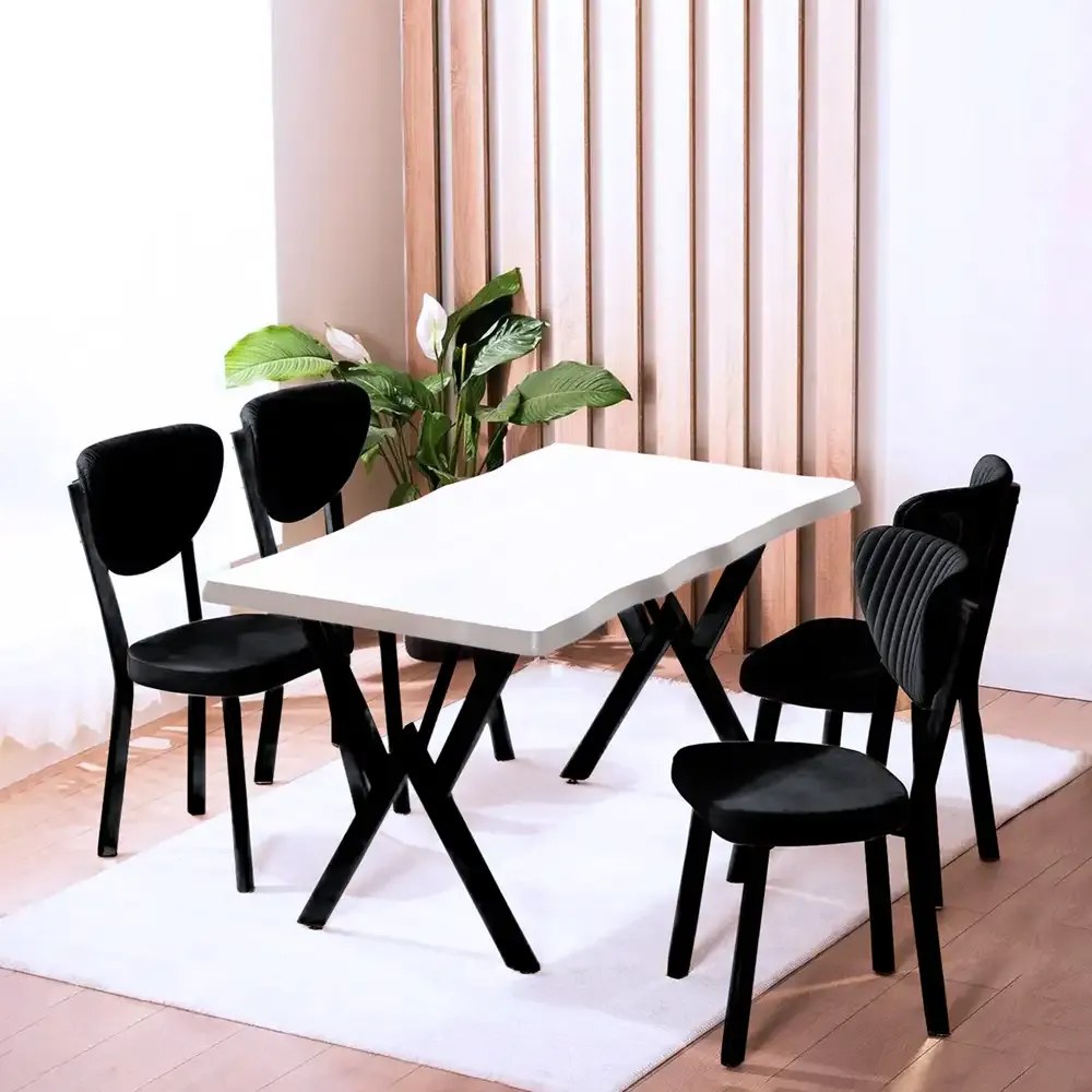 Set Masa Barton din MDF cu 4 Scaune  din metal, alb si negru, 140 cm