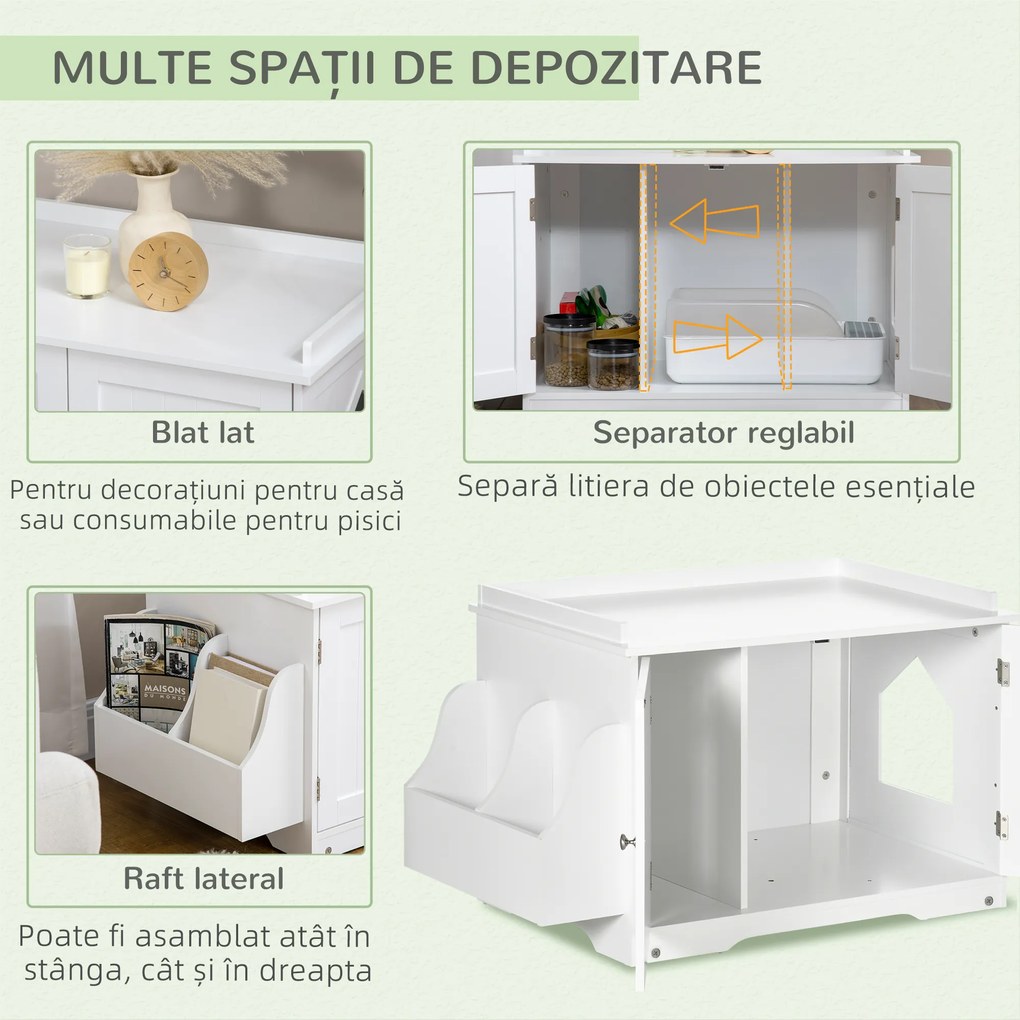 PawHut Mobilier Acoperit pentru Litieră cu Separator Interior Reglabil, Intrare Laterală și 2 Uși, 86x48x52 cm, Alb | Aosom Romania