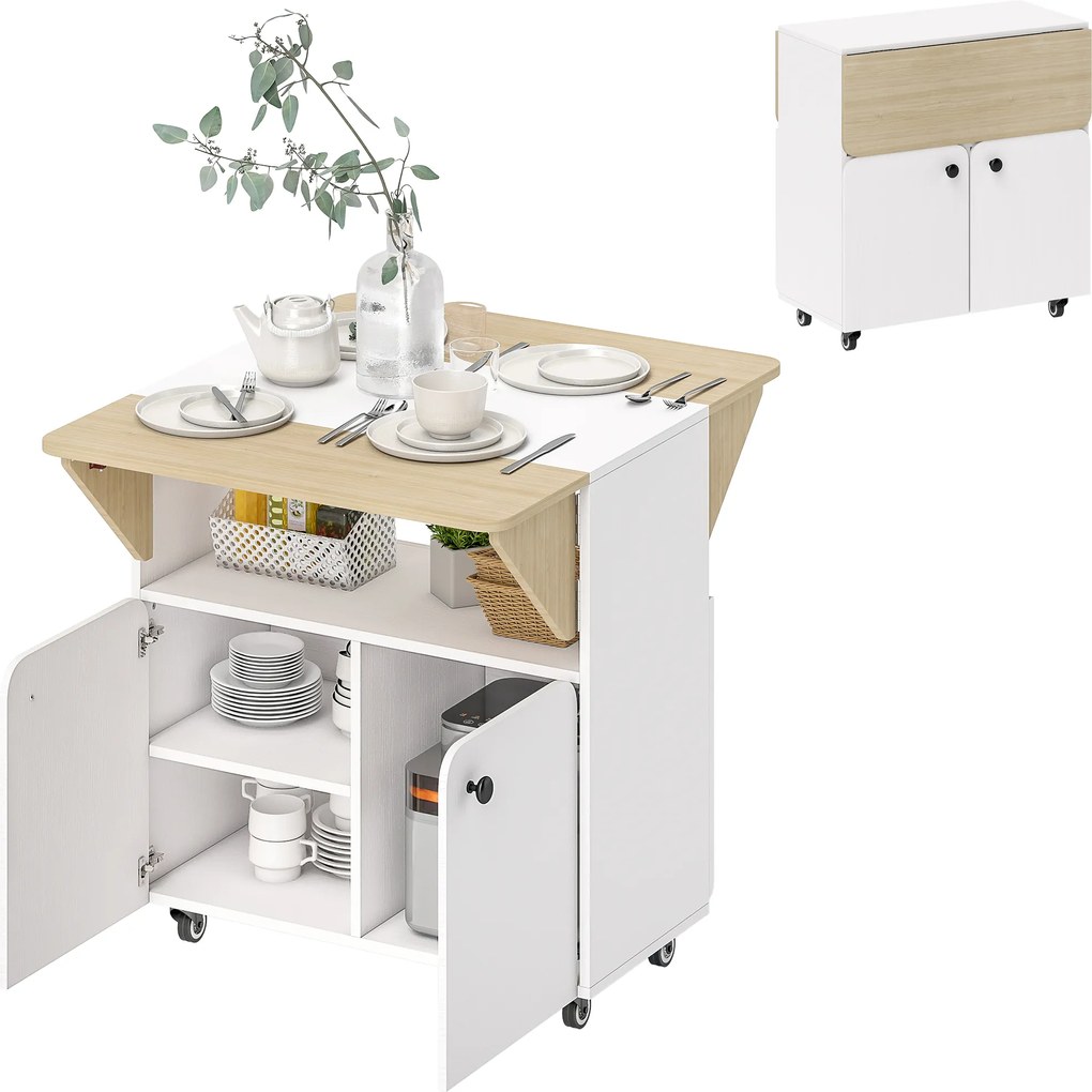 HOMCOM Masă de sufragerie pliabilă pe roți, masă de bucătărie 4 persoane, 2 blaturi rabatabile, etajeră, dulap, 70x83x75cm, alb | Aosom Romania