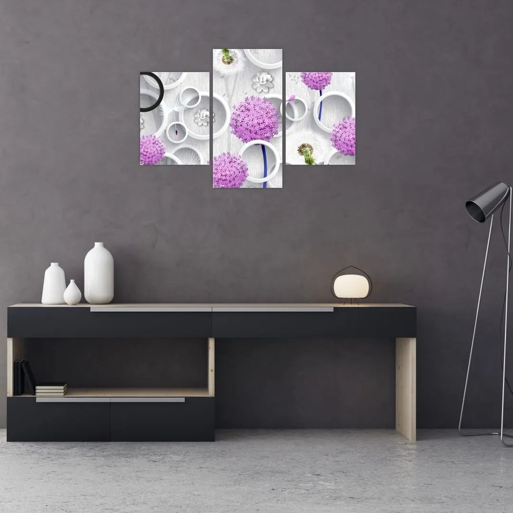 Tablou cu abstracție 3D cu cercuri și flori (90x60 cm)