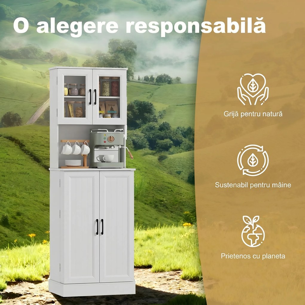 HOMCOM Bufet înalt de bucătărie 180 cm, 8 rafturi pentru condimente pe uși, uși din acril, raft reglabil, orificiu pentru cabluri, alb | Aosom Romania