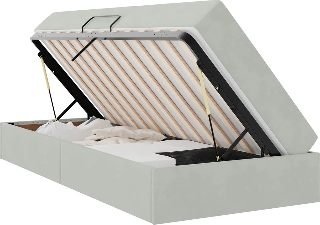 vidaXL Pat cu saltea și spațiu de depozitare Gri deschis 90 x 190 cm