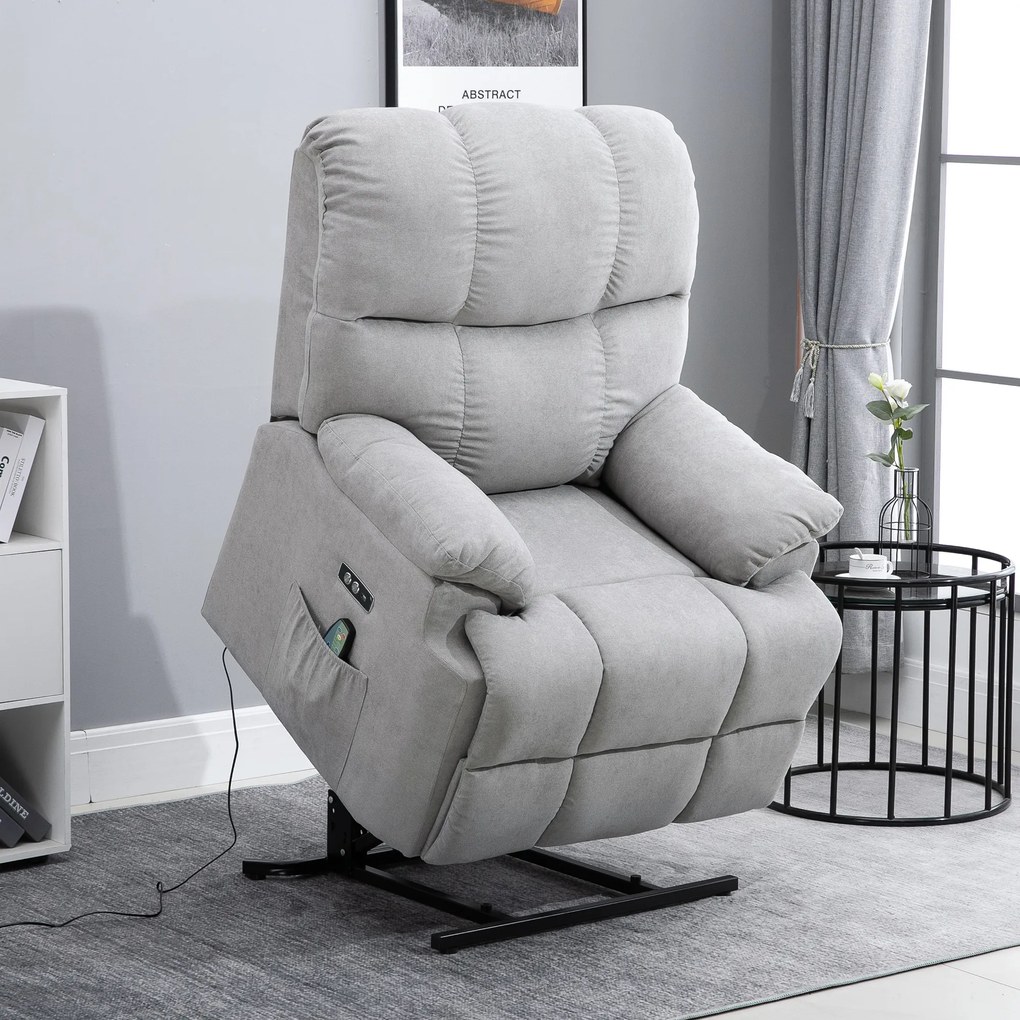 HOMCOM Scaun cu Ajutor pentru Ridicare, Scaun de Masaj, Fotoliu Relaxant cu Port USB, Scaun TV cu Telecomandă, Buzunar Lateral, Scaun TV Inclinabil în Aspect de Catifea, Gri | Aosom Romania