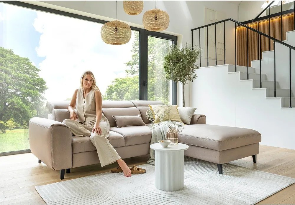 Colțar maro deschis extensibil/cu spațiu de depozitare cu tapițerie din catifea (cu colț pe partea stângă/cu șezlong) Foble – ELTAP