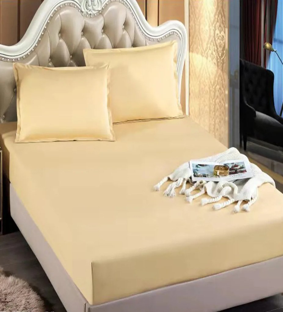 Husa de pat cu elastic si 2 fete de perna, tercot, pat 2 persoane, crem, 3 piese, H300-03